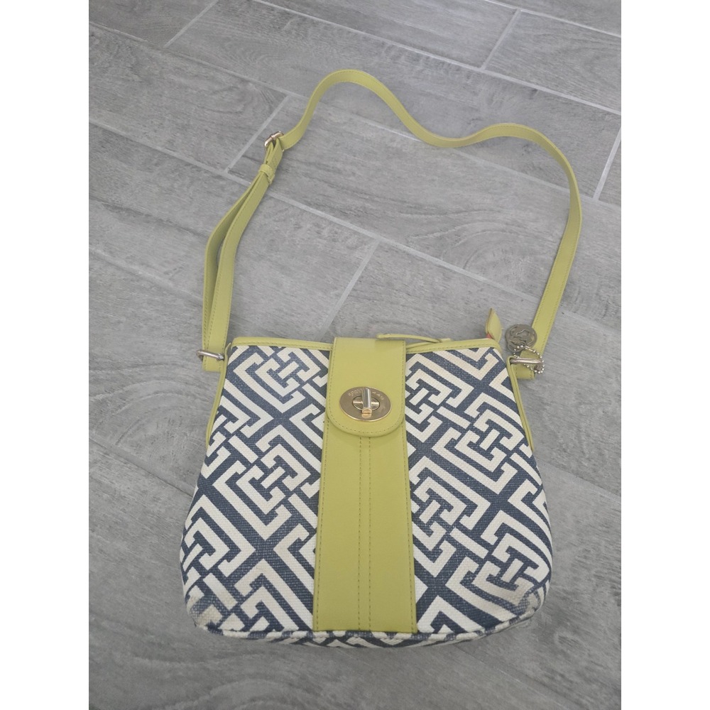 Spartina 449 Crossbody Bag Geometric Pattern‎ Lime Green Leather Gold Turn Lock